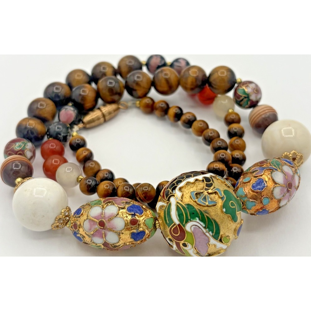 Vintage Tigers Eye Cloisonne Enamel Bead Necklace Semi Precious Stone‎ 22"